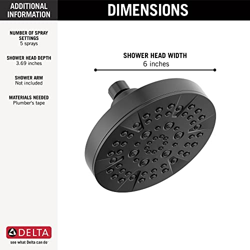 Delta 6-Setting Matte Black Shower Head with High Pressure Spray, 6 Inch Round Shower Head, Showerheads, 1.75 GPM Flow Rate, Matte Black 52535-BL - color: Matte Black