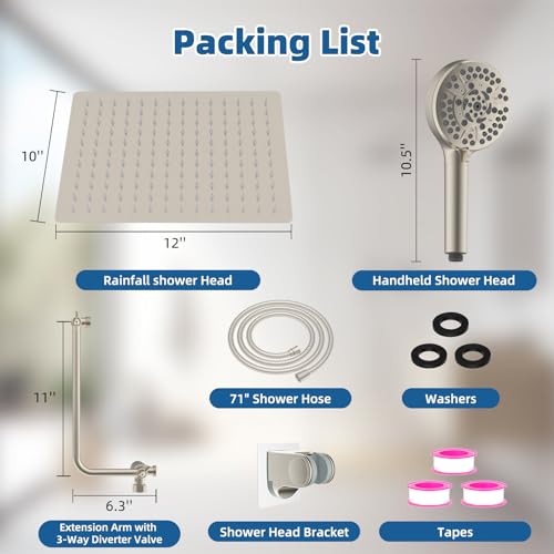 12" Metal Rainfall Shower Head with 10-Mode Handheld, Brushed Nickel | NSF/ANSI/CAN 372 Certified, High Pressure Showerhead Combo with 11" Adjustable Shower Arm, 71" Hose, Shower Head Holder - color: Brushed Nickel, style: Square 12"