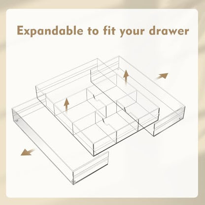 Briwooody 2 Pcs Acrylic Desk Drawer Organizer Maximum 12 x 18 x 2.1 Inch Expandable Drawer Organizer Trays with 8 Adjustable Compartments Desk Accessories for Makeup Silverware Office Bathroom - size: 12 x 18 x 2.1 Inch