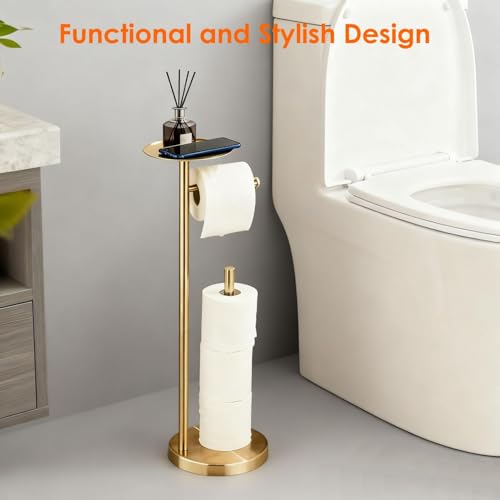 Toilet Paper Holder Stand Gold: Free Standing Tissue Roll Holder with Phone Shelf - Toilet Roll Dispenser Storages for 4 Rolls, Durable Stainless Steel for Bathroom
