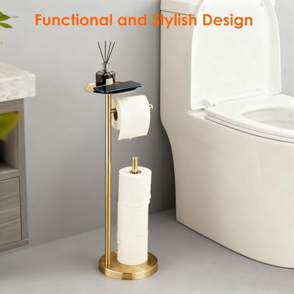 Toilet Paper Holder Stand Gold: Free Standing Tissue Roll Holder with Phone Shelf - Toilet Roll Dispenser Storages for 4 Rolls, Durable Stainless Steel for Bathroom