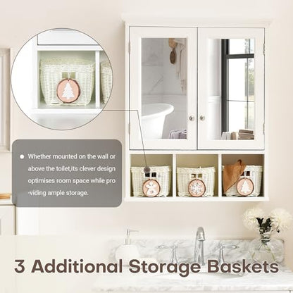Bathroom Medicine Cabinet with Mirror Doors, Wall Mounted Cabinet with 2 Adjustable Shelves and 3 Storage Baskets, Over The Toilet Wall Cabinet for Bathroom, Laundry Room, Kitchen