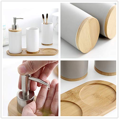 4-Piece White Ceramic Bathroom Accessories Set Includes Lotion Soap Dispenser Pump, Toothbrush Holder, Tumblers and Bamboo Tray, Modern Bathroom Accessories Set Complete - style: White