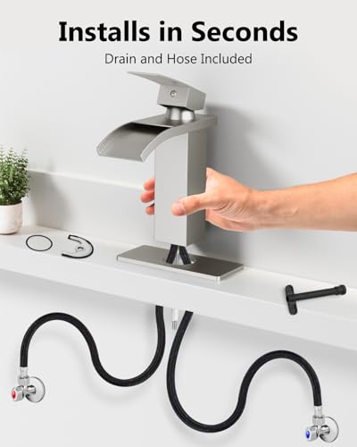Brushed Nickel Waterfall Bathroom Faucet 1-Handle Vanity Faucet | Stainless Steel Modern Bathroom Sink Faucet,Pop-Up Drain, Supply Lines 6-in Deck Plate, 1- or 3-Hole, NSF Certified - color: Nickel