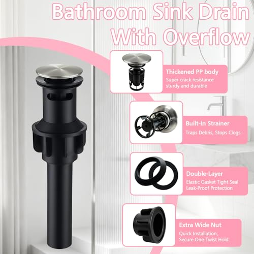 Bathroom Sink Drain with Overflow,Nickel Brushed Bathroom Sink Stopper | Pop Up Drain Assembly with Detachable Basket Stopper,for Bathroom Vanity Vessel Sink,with Silicone Hair Catcher - color: Bathroom Sink Drain -Nickel Brushed