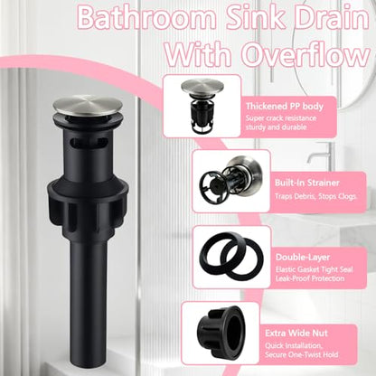 Bathroom Sink Drain with Overflow,Nickel Brushed Bathroom Sink Stopper | Pop Up Drain Assembly with Detachable Basket Stopper,for Bathroom Vanity Vessel Sink,with Silicone Hair Catcher - color: Bathroom Sink Drain -Nickel Brushed