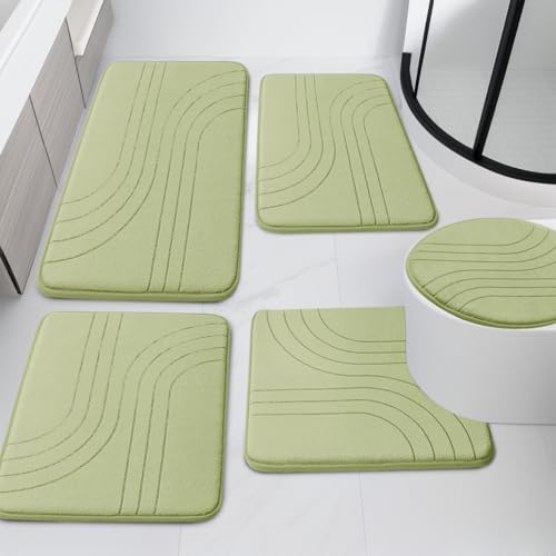 Bathroom Rug Set, Soft Non Slip Memory Foam Bath Mats, Extra Thick, Machine Washable, Green - color: Green-2, size: 5 pieces