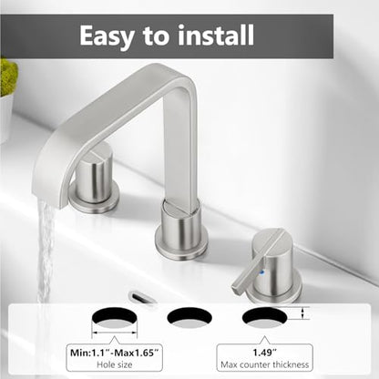 Brushed Nickel Bathroom Faucet 3 Hole 8 Inch Widespread Waterfall | 2-Handle Vanity Faucet, Pop-Up Drain, Supply Lines, Adjustable 4- to 16-Inch Widespread Fit, 360° Swivel Spout - color: Brushed Nickel