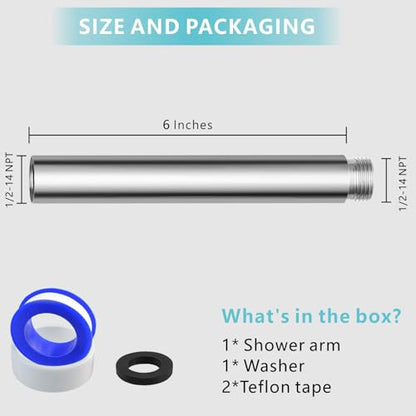 Shower Extension Arm, Solid Stainless Steel Shower Pipe Extension with Teflon Tape and Washer, For Lowering or Extending Showerhead (6 Inch, Chrome) - color: Chrome, style: 6 Inch