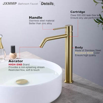 Brushed Gold Vessel Sink Faucet with Pop Up Drain and Supply Lines, Stainless Steel Gold Vanity Faucet Single Hole, JXMMP Single Handle Bathroom Faucet Gold, JXM1001BG - color: Brushed Gold, size: Tall Faucet