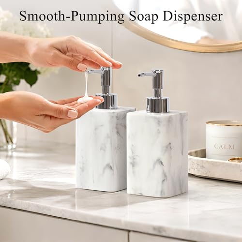 2 pcs Hand Soap Dispenser Set, 11oz Refillable Resin Liquid Soap Dispensers with Rustproof Pump, Lotion Dispenser Includes Silicone Funnel for Bathroom Countertop or Kitchen, Marble-Effect - color: Marble White