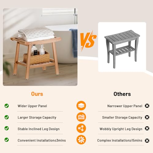 Bamboo Shower Stool Bench,Shower Chair for Inside Shower with Storage Shelf | Natural Bamboo,Large Storage,Ergonomic Curved Design,A-Shaped Stable Construction,Non-Slip Rubber Feet,Hold 300lbs - color: Natural Bamboo