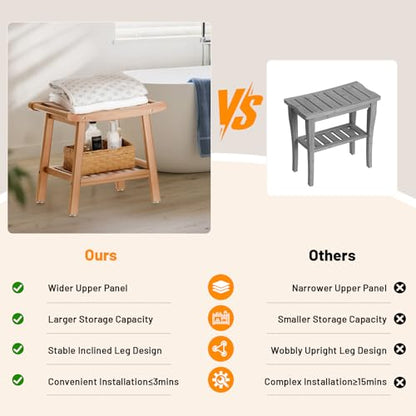 Bamboo Shower Stool Bench,Shower Chair for Inside Shower with Storage Shelf | Natural Bamboo,Large Storage,Ergonomic Curved Design,A-Shaped Stable Construction,Non-Slip Rubber Feet,Hold 300lbs - color: Natural Bamboo