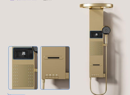 Modern Stainless Steel LED Shower Panel Tower Digital Temperature Display Multi-Function Wall Mount Column Rainfall Head Handheld Sprayer Body Massage Jets - color: Golden
