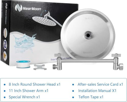 NearMoon Rain Shower Head with 11'' Adjustable Arm, High Pressure Stainless Steel Rainfall Shower, Ultra-Thin Design - Pressure Boosting (8 Inch, Nickel) - color: Nickel, size: 8 Inch