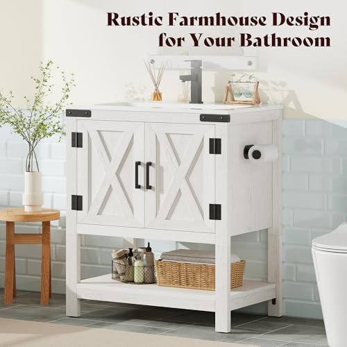AMERLIFE 24" White Farmhouse Bathroom Vanity with Sink and Open Shelf | Antique White, Single Solid White Integrated Top, Moisture-Resistant MDF, Barn Doors, Open Shelf, Paper Towel Holder - color: Antique White, size: 24“