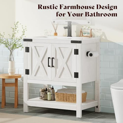 AMERLIFE 24" White Farmhouse Bathroom Vanity with Sink and Open Shelf | Antique White, Single Solid White Integrated Top, Moisture-Resistant MDF, Barn Doors, Open Shelf, Paper Towel Holder - color: Antique White, size: 24“