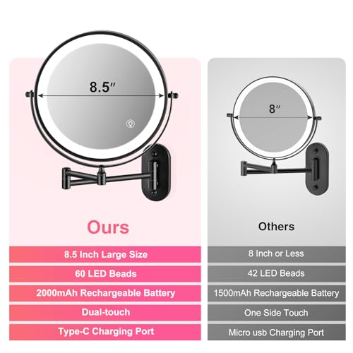 Magnifying Mirror with Lights 1x/15x Rechargeable | 8.5 inch Wall Mounted Lighted Makeup Mirror for Bathroom - color: Black