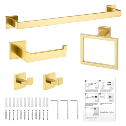 5-Piece Brushed Gold Bathroom Hardware Set - Hand Towel Bar, Toilet Paper Holder, Towel Ring & Rack - color: Gold