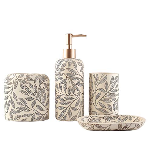 Hymmah Bathroom Accessories Set,Toothbrush Holder,Farmhouse Bathroom Decor,4 Pcs Resin Gift Set Apartment Necessities, Contain Toothbrush Cup,Soap Dispenser,Soap Dish,Tumbler - color: Leaf Grey Yellow
