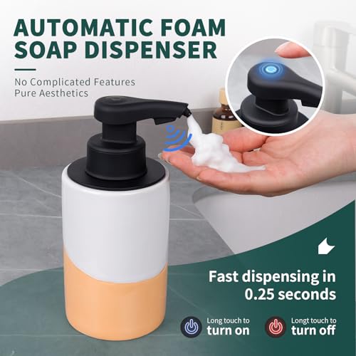 BosilunLife Automatic Soap Dispenser Ceramic Hand Free Soap Dispenser with Waterproof Pump Rechargeable Smart Electric Soap Lotion Dispenser Touchless for Kitchen Bathroom (White-Orange, Foam Pump) - color: White-orange(foam)