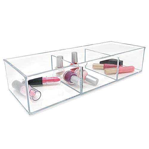 Isaac Jacobs Large 3-Compartment Acrylic Stackable Organizer (12.9" L x 5" W x 2.7" H), Multi-Sectional Tray & Storage Solution for Makeup, Craft Supplies, Bathroom, Kitchen, Office (Clear) | (12.9" L x 5" W x 2.7" H), Multi-Sectional Storage Solution for