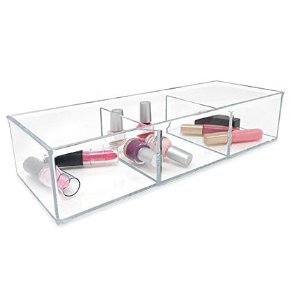Isaac Jacobs Large 3-Compartment Acrylic Stackable Organizer (12.9" L x 5" W x 2.7" H), Multi-Sectional Tray & Storage Solution for Makeup, Craft Supplies, Bathroom, Kitchen, Office (Clear) | (12.9" L x 5" W x 2.7" H), Multi-Sectional Storage Solution for