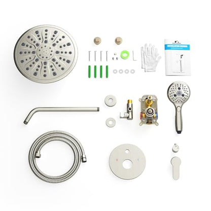 SunCleanse Brushed Nickel 8.5'' Shower System w/Handheld & Valve Kit | 2-IN-1 Shower Faucet Set, 7-setting Handheld Shower Head, Rough-in Pressure-balanced Valve and Trim Kit