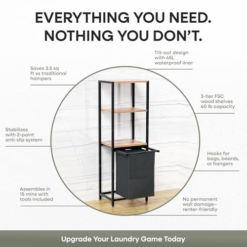 Tilt-Out Laundry Hamper with Shelf – 3 Tier Laundry Organizer with Waterproof Fabric Bin | Freestanding Storage Cabinet with Hooks for Bathroom & Bedroom