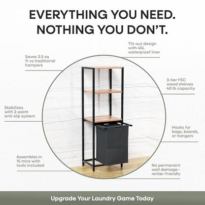 Tilt-Out Laundry Hamper with Shelf – 3 Tier Laundry Organizer with Waterproof Fabric Bin | Freestanding Storage Cabinet with Hooks for Bathroom & Bedroom