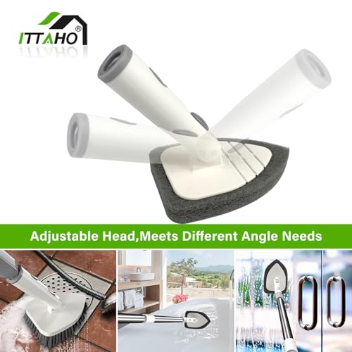 Tile Tub Scrubber Brush with 4 Cleaning Heads,59" Long Handle Stiff Bristles Scrub Brush with Extendable Pole, Rotatable Detachable Scrub Brush for Shower,Tile, Tub,Bathroom,Walls,Sink