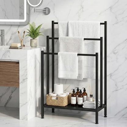 Freestanding Towel Rack, 3 Tier Metal Standing Towel Rack with Wooden Shelf, Blanket Holder and Bath Towel Drying Rack for Bathroom, Black - color: Black