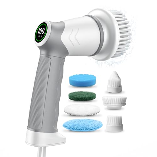 DAESUNG Electric Spin Scrubber, Cordless Power Scrubber & Electric Cleaning Brush with 7 Replaceable Heads, Dual Speed IPX7 Waterproof Handheld Scrubber for Bathroom, Shower & Tile Cleaning - color: Classic White