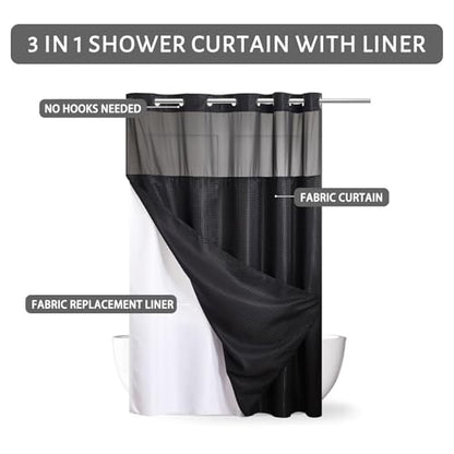 Furlinic No Hook Waffle Weave Shower Curtain with Snap in Liner Set,Heavy Duty Fabric Textured Bathroom Curtain with Sheer Window,Waterproof & Machine Washable,Black,Stall Size 36x72 Inch - color: Black, size: 36"W x 72"L (Pack of 1)