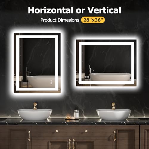 Hivone 28"X36" LED Bathroom Mirror with Lights, Anti-Fog, Dimmable, Backlit + Front Lit, Smart Bathroom Vanity Mirror, Memory Function, Shatterproof, Tempered Glass (Horizontal/Vertical) - size: 28"L x 36"W