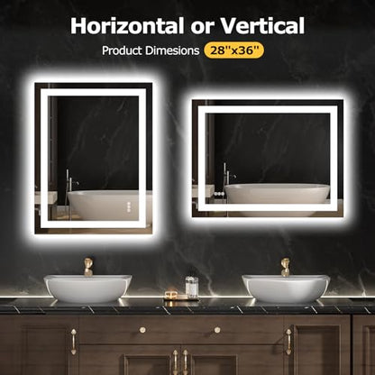 Hivone 28"X36" LED Bathroom Mirror with Lights, Anti-Fog, Dimmable, Backlit + Front Lit, Smart Bathroom Vanity Mirror, Memory Function, Shatterproof, Tempered Glass (Horizontal/Vertical) - size: 28"L x 36"W