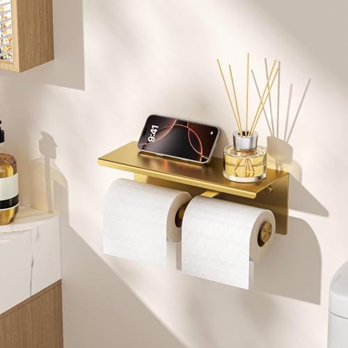 FORIOUS Toilet Paper Holder with Shelf, Commercial Toilet Paper Dispensers | Brushed Gold | Wall Mount Bathroom Tissue Holder | SUS304 Stainless Steel Rustproof | Double Tissue Roll Holder - color: Brushed Gold