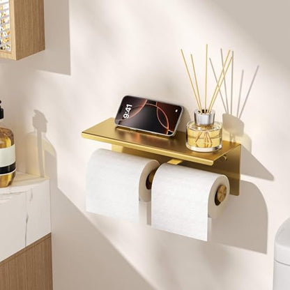 FORIOUS Toilet Paper Holder with Shelf, Commercial Toilet Paper Dispensers | Brushed Gold | Wall Mount Bathroom Tissue Holder | SUS304 Stainless Steel Rustproof | Double Tissue Roll Holder - color: Brushed Gold