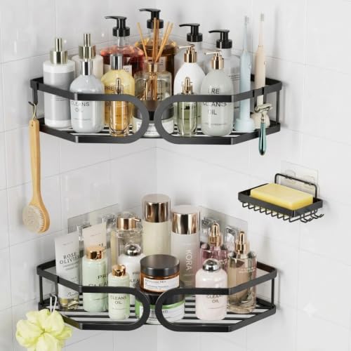 Corner Shower Caddy 3 Pack with Soap Holder No Drill Wall Mounted 304 Stainless Steel Durable Large Capacity Adhesive Shower Rack Organiser Quick Dry Rustproof Bathroom Storage Shelves(Black) - color: Coner Black, size: 3 Pack