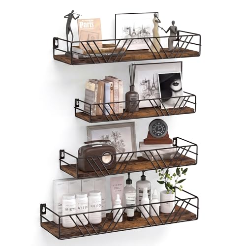 Floating Shelves for Wall, 4 Sets Rustic Shelf with Metal Frame | Wall Shelves for Room Wall, Hanging Storage Shelf Set for Bedroom, Living Room, Bathroom, Kitchen, Home Decor, Brown - color: Brown