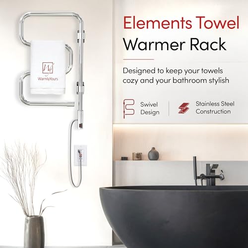 WarmlyYours Elements Heated Towel Rack, 4 Bars, Swivel | Wall-mounted swivel electric towel warmer, polished chrome, plug-in drying rack for bathroom, gentle even warmth
