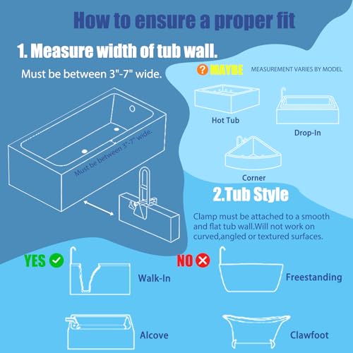 Adjustable Bathtub Safety Rail & Shower Grab Bar for Elderly | No-Drill Shower Handle Grab Bar, Secure Locking Tub Clamp Fits 3 to 7 Inch Tub Walls, Supports 330 lbs