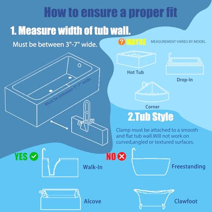 Adjustable Bathtub Safety Rail & Shower Grab Bar for Elderly | No-Drill Shower Handle Grab Bar, Secure Locking Tub Clamp Fits 3 to 7 Inch Tub Walls, Supports 330 lbs