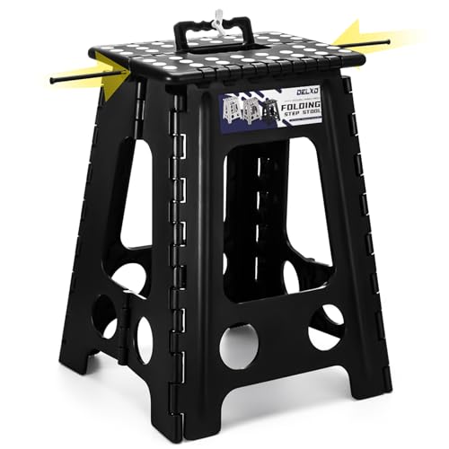 Delxo 17.5 Inch Folding Step Stool,Foldable Stool for Adults with Safety Lock,Portable Collapsible Plastic Step Stool,Non Slip Folding Stools for Kitchen Bathroom Bedroom Up to 400LBS,(Black 1PC) | Step Stool with Safety Lock,Portable Collapsible Step Sto