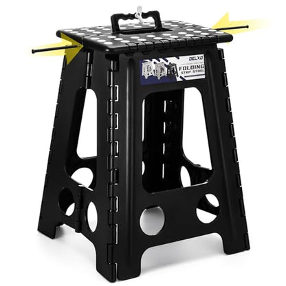 Delxo 17.5 Inch Folding Step Stool,Foldable Stool for Adults with Safety Lock,Portable Collapsible Plastic Step Stool,Non Slip Folding Stools for Kitchen Bathroom Bedroom Up to 400LBS,(Black 1PC) | Step Stool with Safety Lock,Portable Collapsible Step Sto