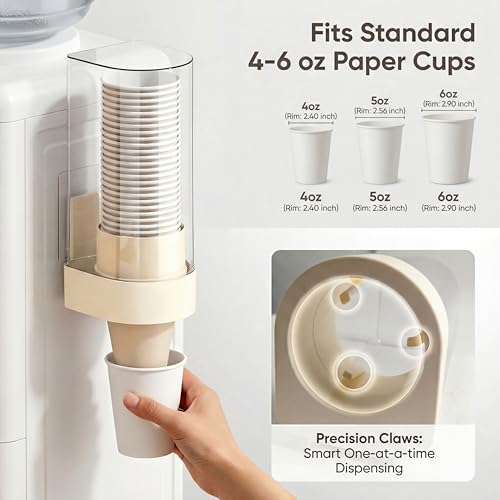 Cup Dispenser Wall Mounted, Large Capacity Bathroom Cup Holder for 4-6oz Cups, Dustproof Water Cooler Organizers with 50 Absorbent Coasters, Beige