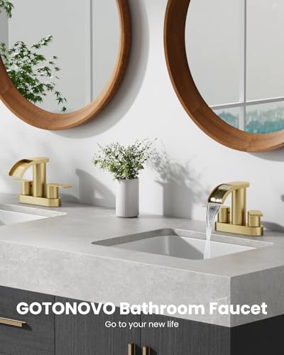 gotonovo 4’’ Centerset Bathroom Sink Faucet Waterfall Brushed Gold | SUS304 Bathroom Faucet,2.17’’ Wide Spout,24’’ cUPC Water Line,Pop up Drain,2 Handle,Basin,Vanity,RV,Lavatory 2 or 3 Hole Sink - color: Gold
