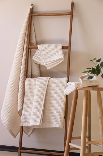 PÜSKÜL Raw-Undyed Natural 100% Turkish Cotton Waffle Towels Set of 4-Piece | 2-Bath sheet (Extra-large 32x63") and 2-Hand towel (Large 32x16"). Premium honeycomb-waffle weave, oeko-tex made in Turkiye. - color: Natural Beige