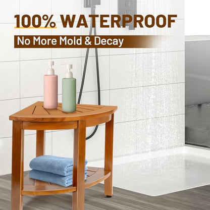 18" Premium Teak Corner Shower Bench with Shelf, Solid Teak Shower Stool, Durable Waterproof Wooden Seat for Inside Shower, Teak Wood Bench for Bathroom, Indoor & Outdoor Use