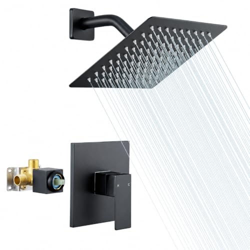 Shower Faucet Set with Valve, 8 Inch Square Rain Shower Head, Matte Black | SUS304 Stainless Steel, Brass Rough-in Valve, Single Handle, Air Pressure Boost, Shower Trim Kit, Male Threads - color: Matte Black